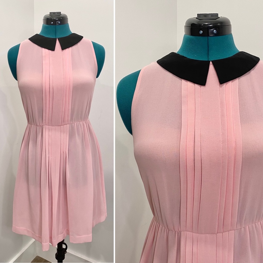 Zara Basics Pink Pleated Dress with Black Peter Pan Collar